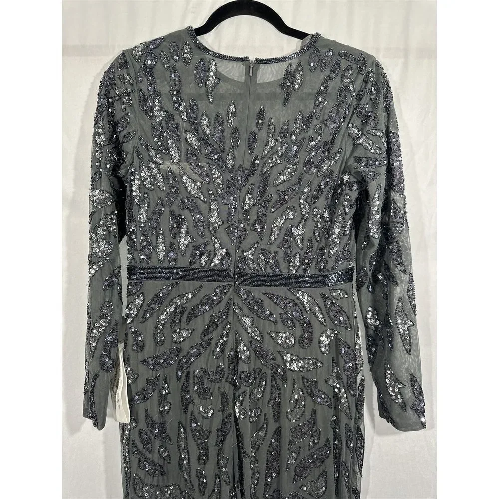 NWT $598 Mac Duggal [‎ 8 ] Beaded Long Sleeve Evening Gown 5124 Charcoal